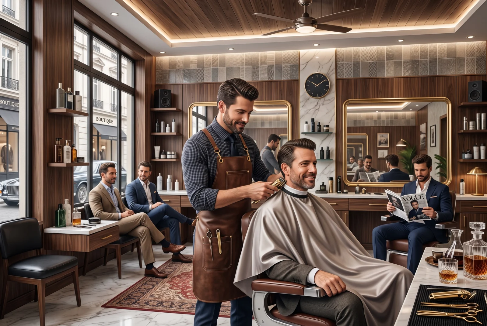 Barbeiro finalizando o corte de um cliente em uma barbearia
