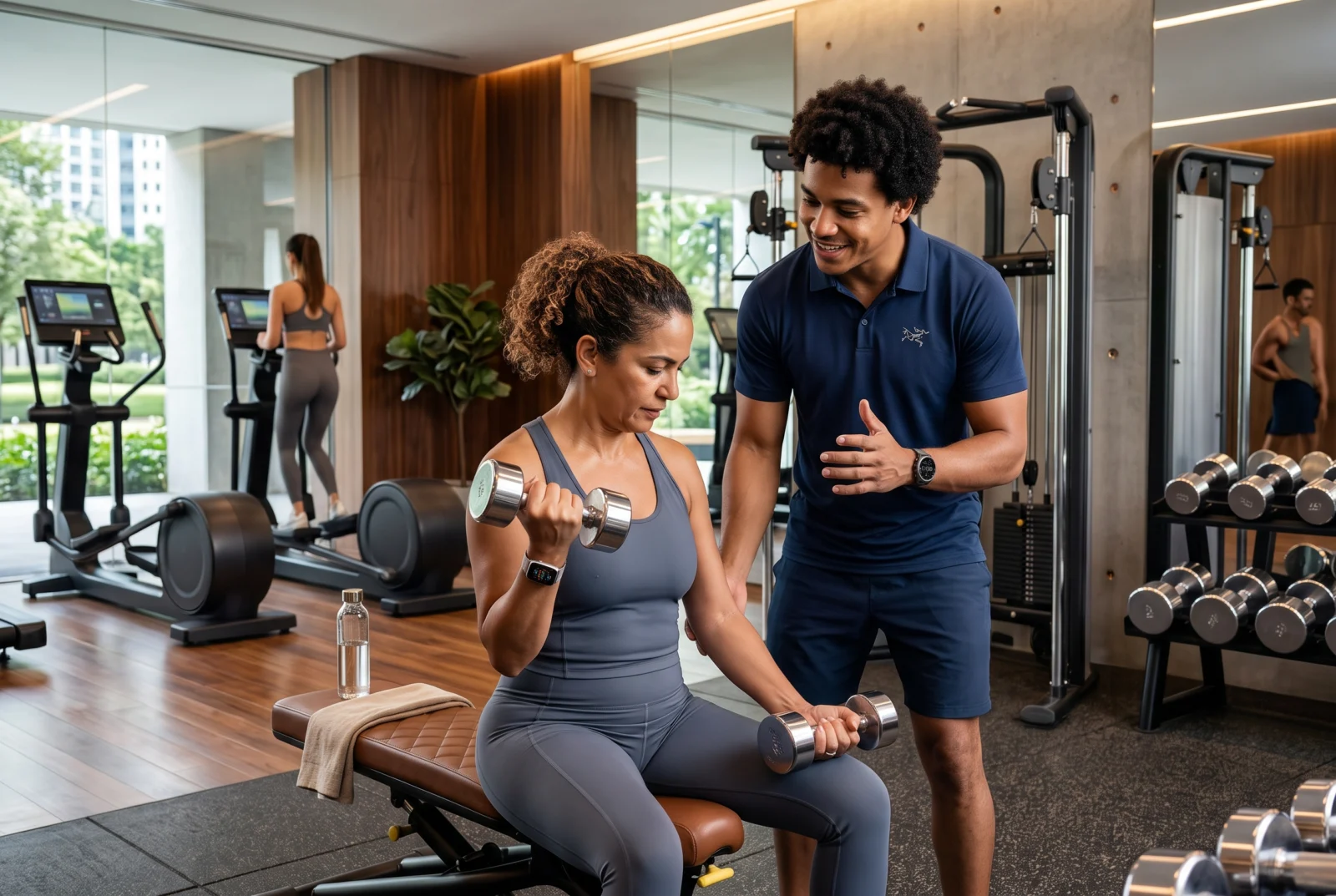 Personal trainer orientando uma aluna em um exercício com halteres