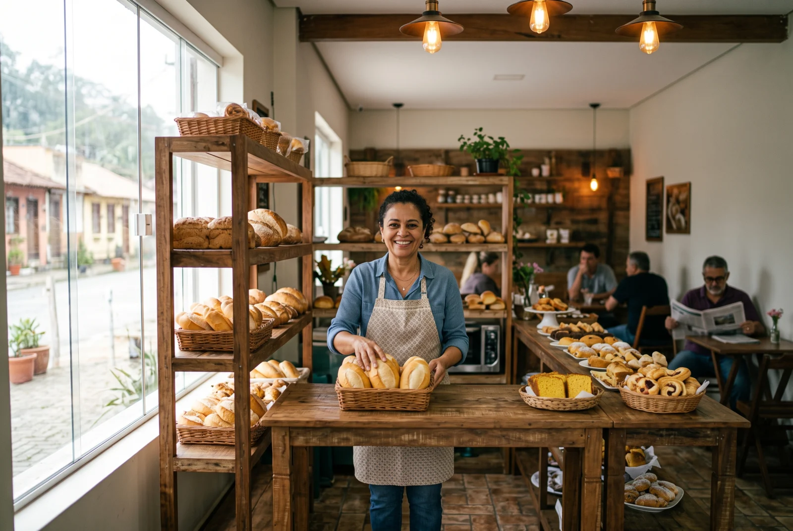 Dona de padaria arrumando pães na prateleira da loja